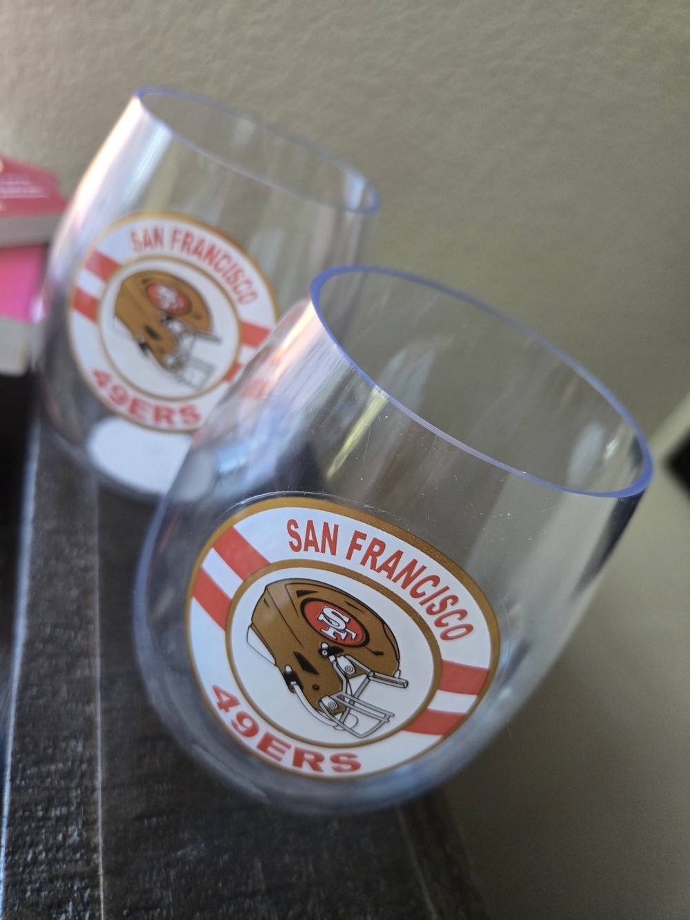 NFL San Francisco 49ers Clear Plast Stemless Wine Glasses with Logo